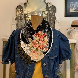 Bandana Scarf Upcycled Black Western Boho Shabby Chic Plus Size Friendly